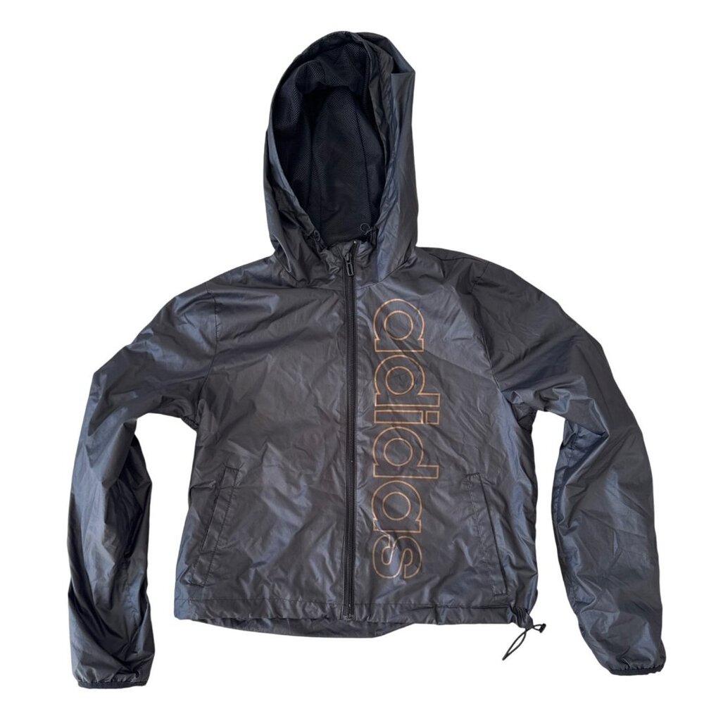 Adidas Womens M Windbreaker Jacket With Hood Black Polyester & Nylon